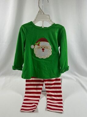 Rare Too 2-Piece Girls Set, Santa Patch, Green, Ruffled Cuffs, Red & White Pants